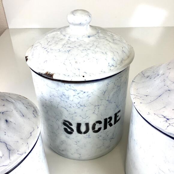 Vintage French Enamel Graniteware Canister Set of 3 Farmhouse Enamelware 1920/30 - Picture 4 of 8